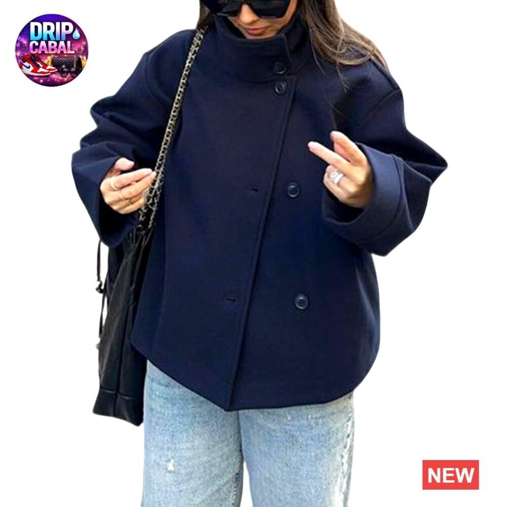 Wool Blend Pea Coat Cropped Loose Fit Casual Winter Jacket Classic Chic